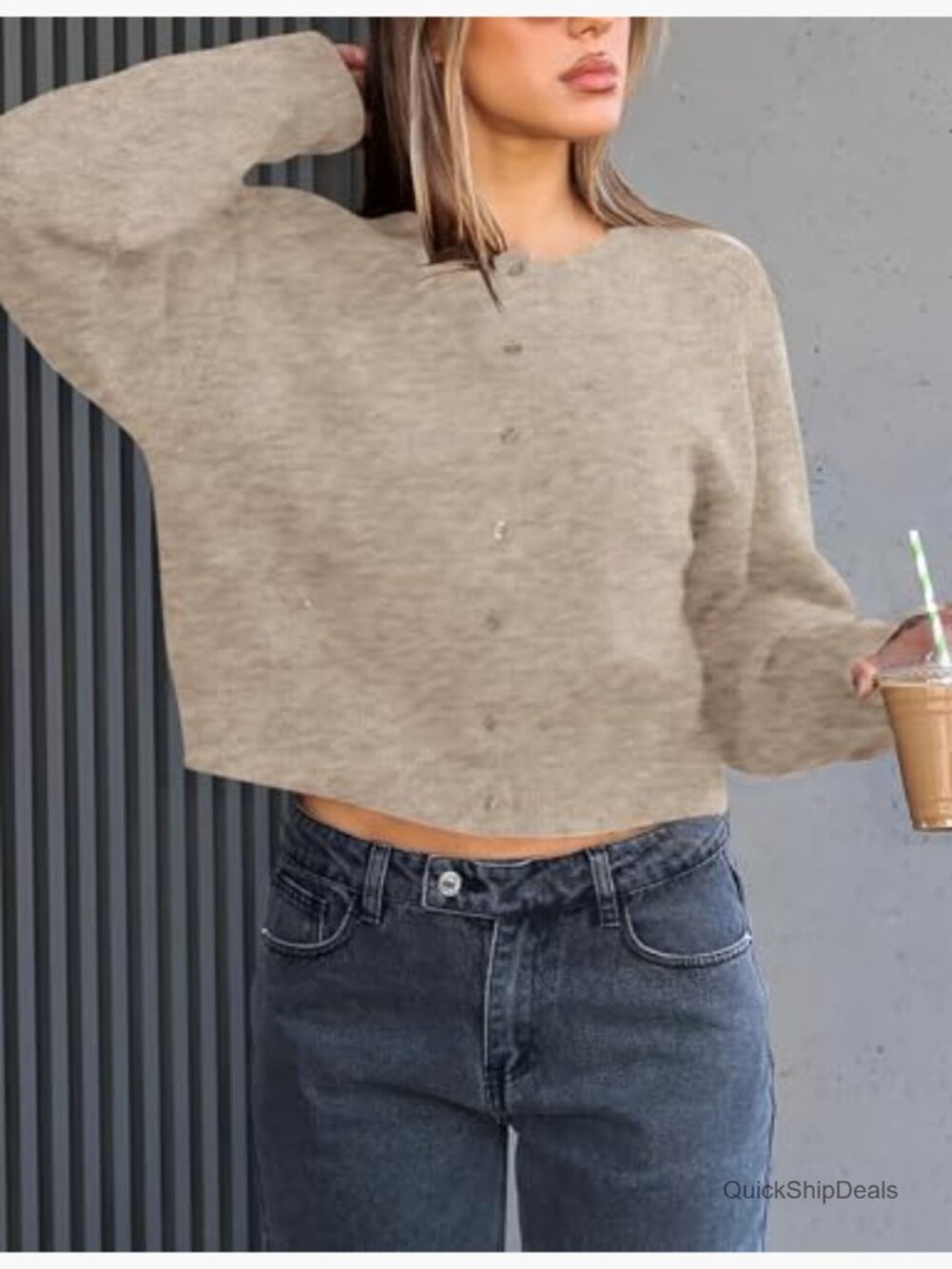 Lightweight Cropped Cardigan Sweater, Button Up Crew Neck Long Sleeve - Picture 4 of 6